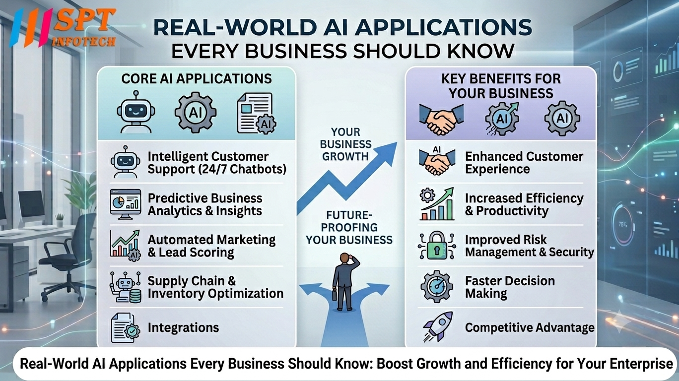 Infographic displaying real-world AI applications and benefits for businesses, featuring SPT Infotech logo in a 16:9 1280x720 layout.